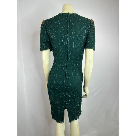 Vintage 90s Silk Cocktail Dress Fully Beaded Sequins Green size small petite - Picture 9 of 12